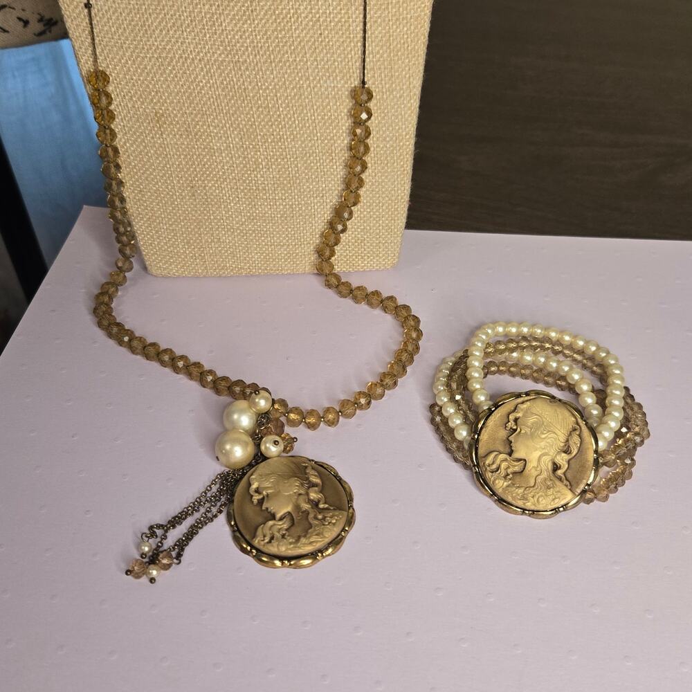 Vintage Victorian Revival Cameo Medallion 36" Long Necklace & Bracelet Set